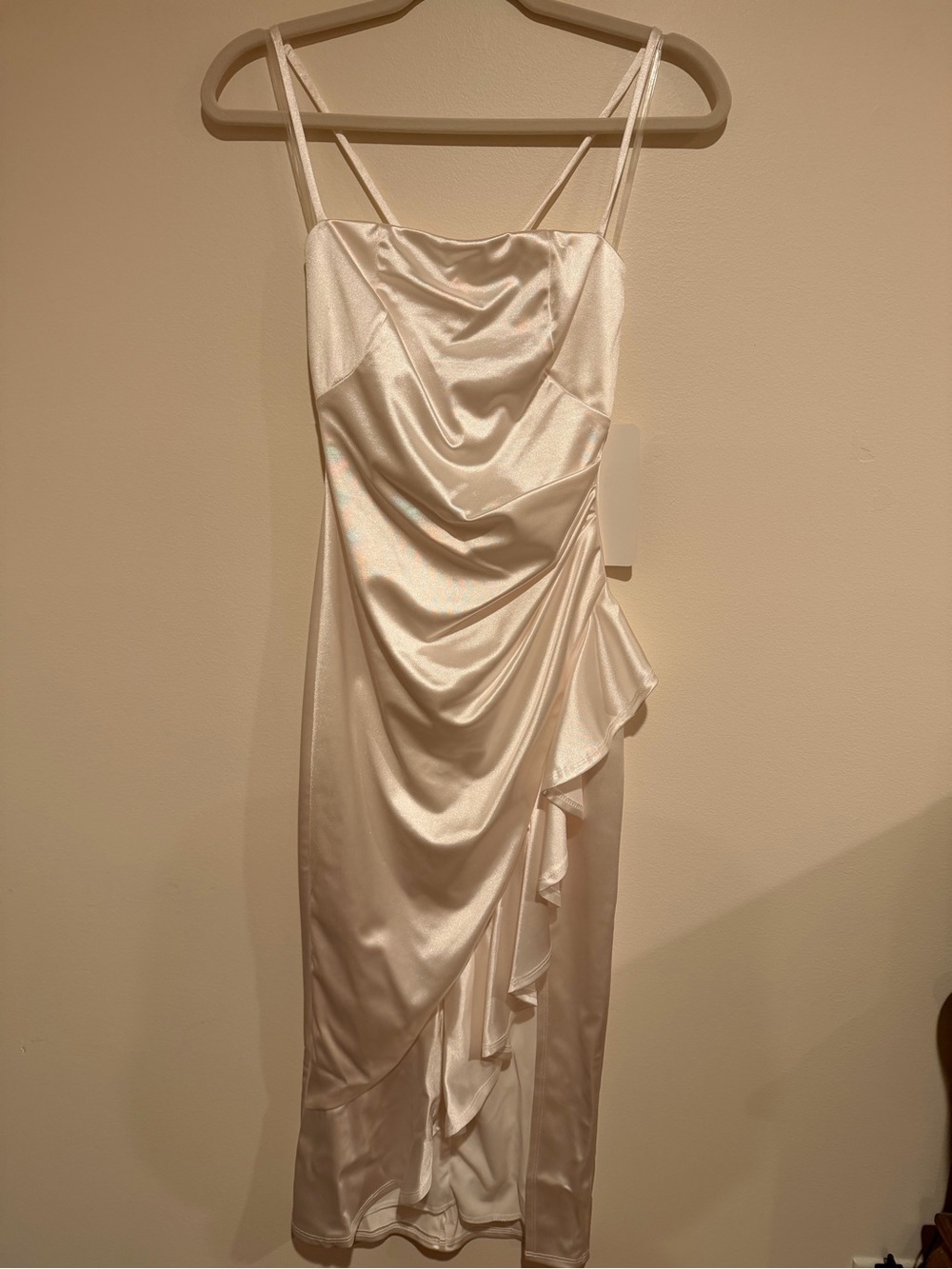 Honey and Rosie Ivory Satin Cowl Midi Dress with Ruffle